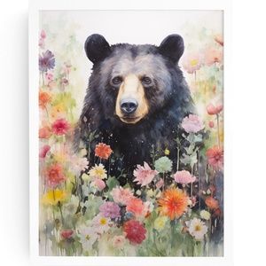 Watercolor Floral Black Bear Portrait Wall Art Illustration Print Unframed